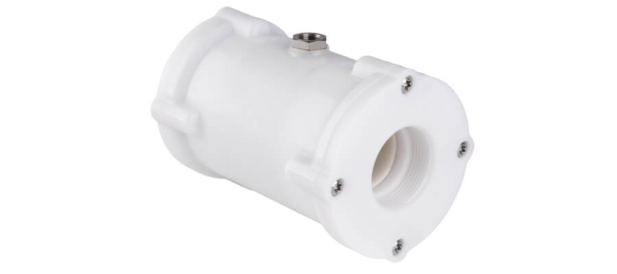 Válvula de manguito neumática de la serie VMP, modelo de plástico POM blanco, rosca interior según DIN EN ISO 228 "G" o ANSI/ASME B1.20.1 "NPT"